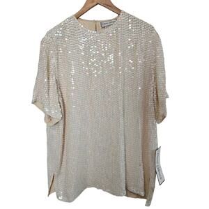 Vintage Diane Gilman Sequin Blouse Women 2X White Elegant Glam Evening Party New